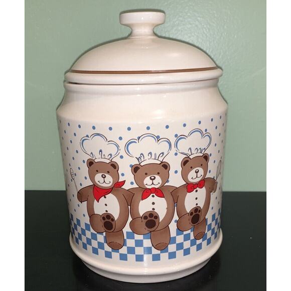 Vintage B & D Large Canister Cookie Jar 3 Dance Bears Chef Hat Japan Ceramic - Picture 1 of 12